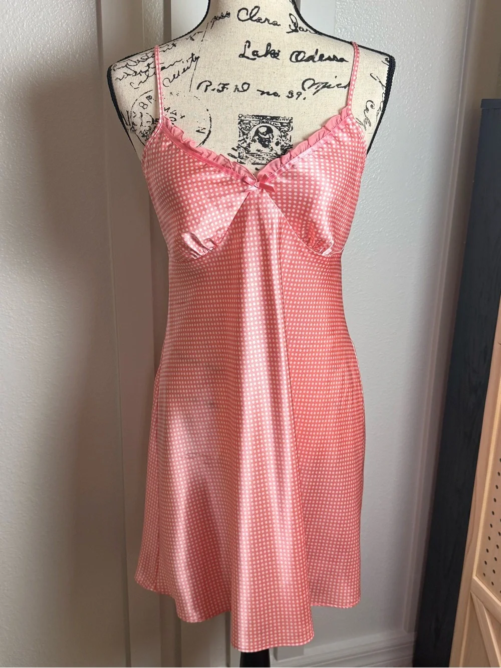 Adonna‎ Pink Polka Dot Satin Slip Dress Nightgown Size M coquette romantic